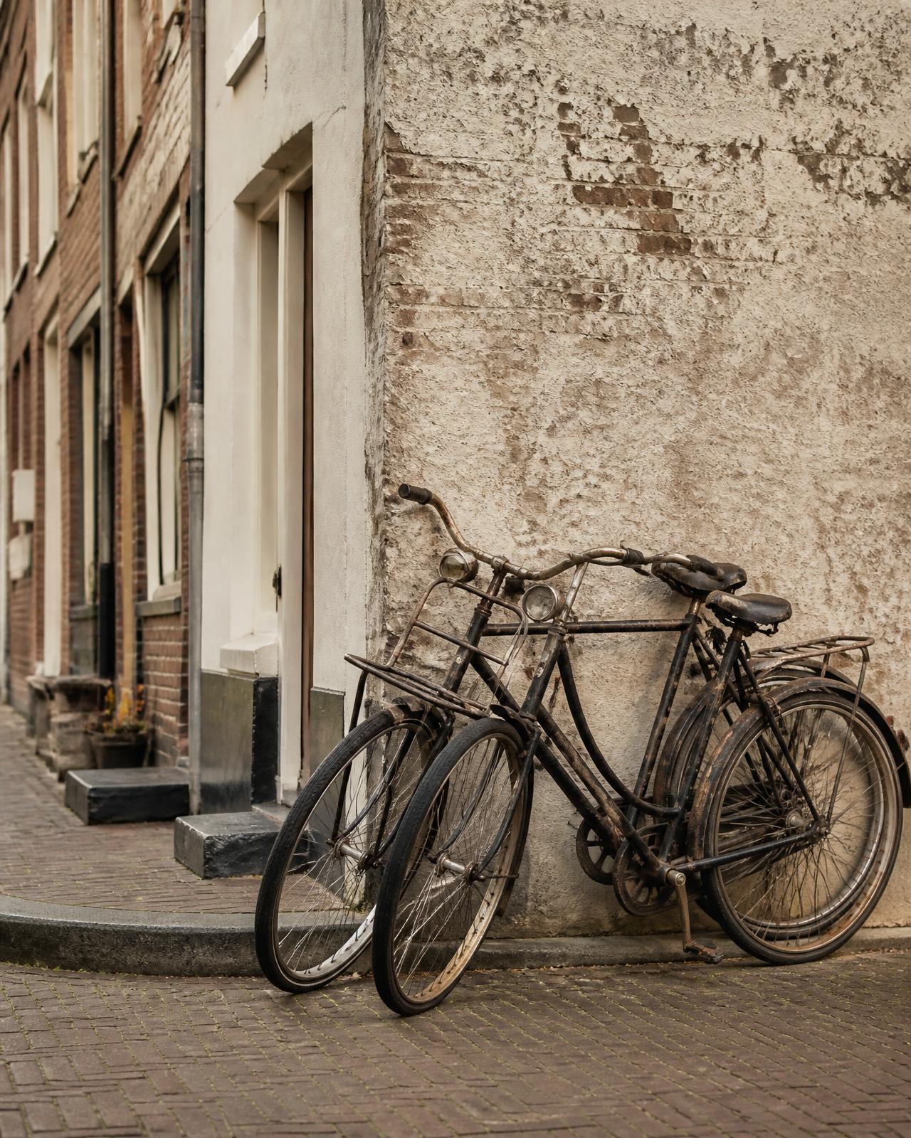 Slitna cyklar lutade mot en tegelvägg på en gata i Amsterdam